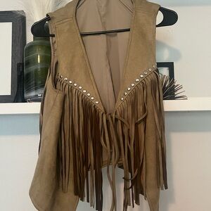 Missguided Tan Fringe Vest with Stud Accents